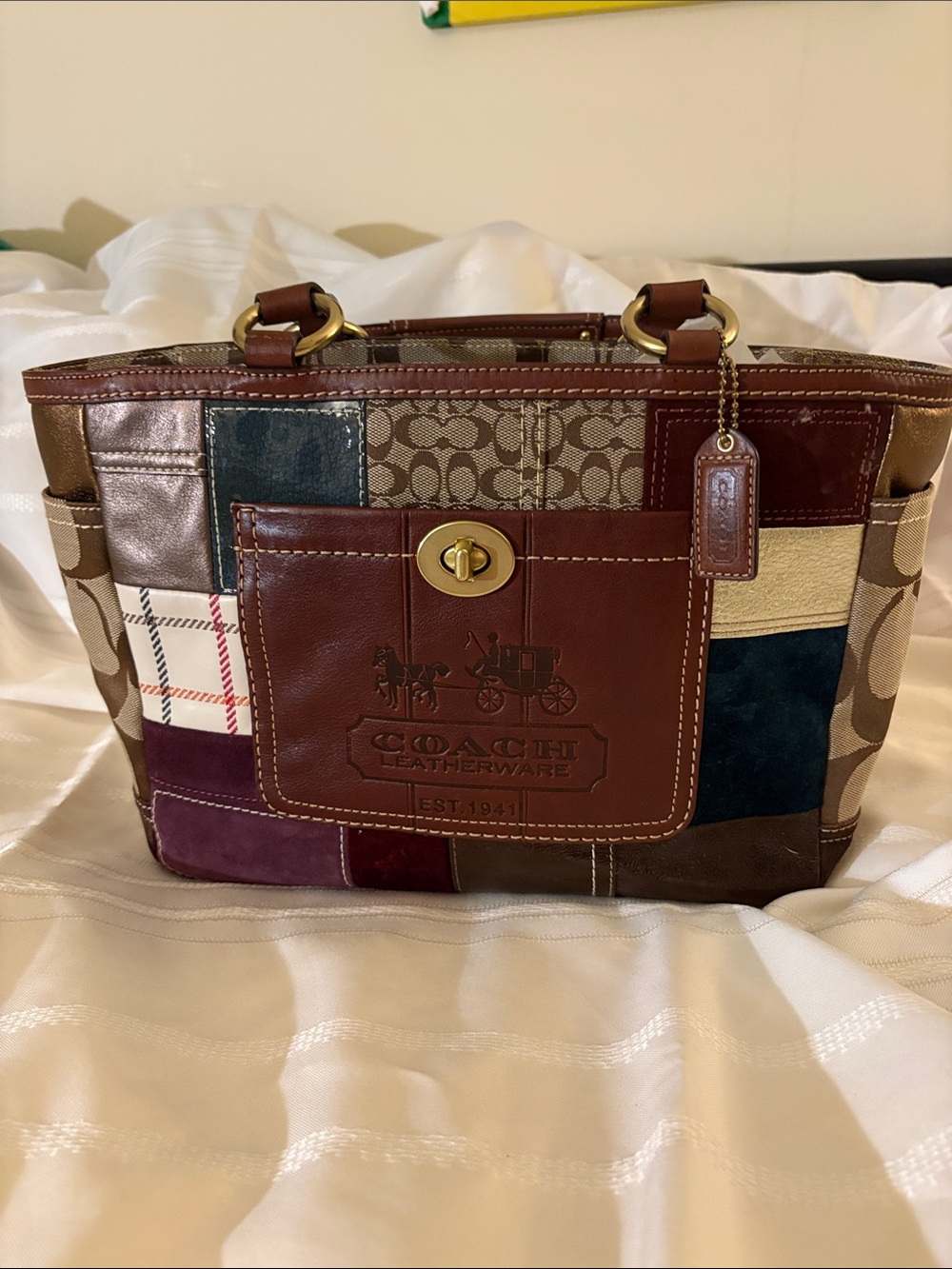 Coach Patchwork Leather Shoulder Tote in Brown and Multicolor Panels